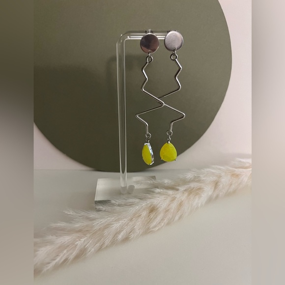 Minimalist Retro Silver & Yellow Earrings - Mid-Century Long Statement Earrings - Picture 10 of 15